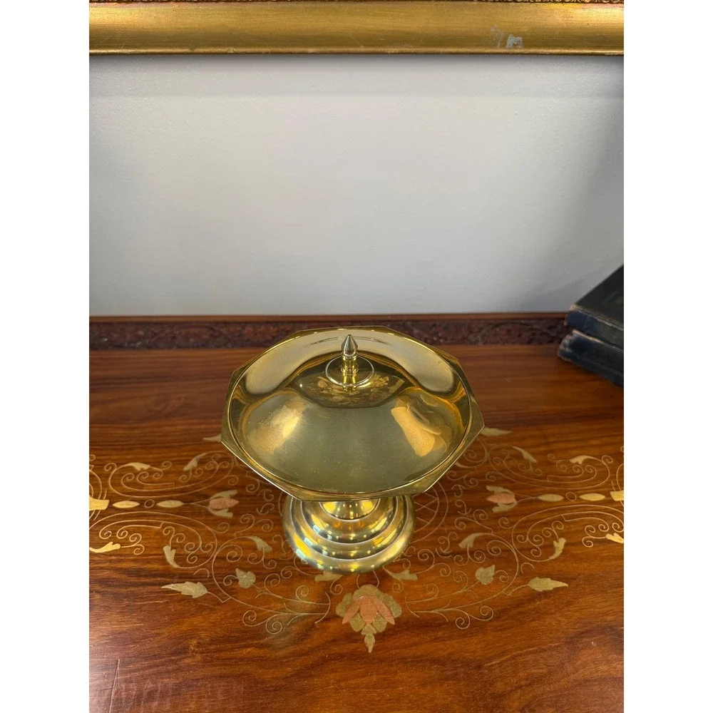 Vintage Solid Brass Lidded Pedestal Bowl • Octagonal Compote